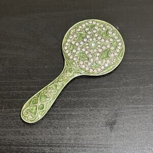 Vintage Small Hand Held Mirror Green Enameled Rhinestones Ornate Filigree Brass